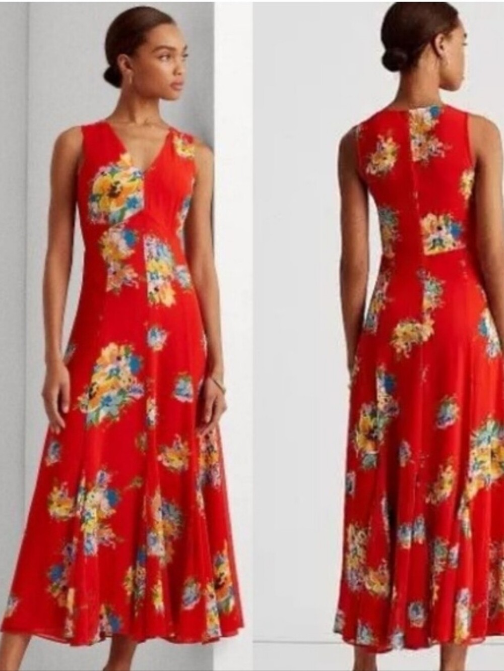 Lauren Ralph Lauren Georgette Sleeveless  Red Floral  Maxi Dress Size 12